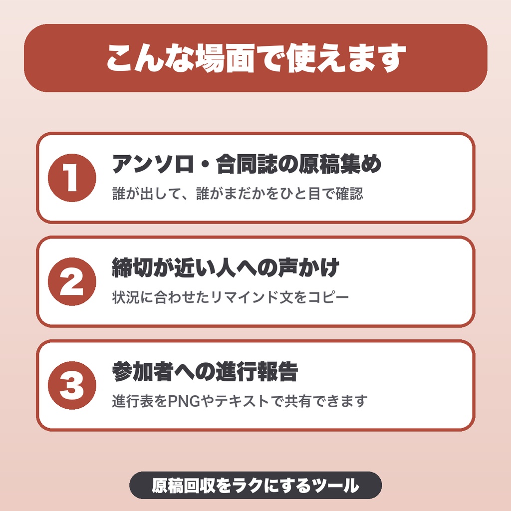 アンソロジー 原稿回収・進行管理ボード|50人まで・ページ目標との差・リマインド文の書き換え・JSON保存(合同誌の主催者向け)【無料版あり】
