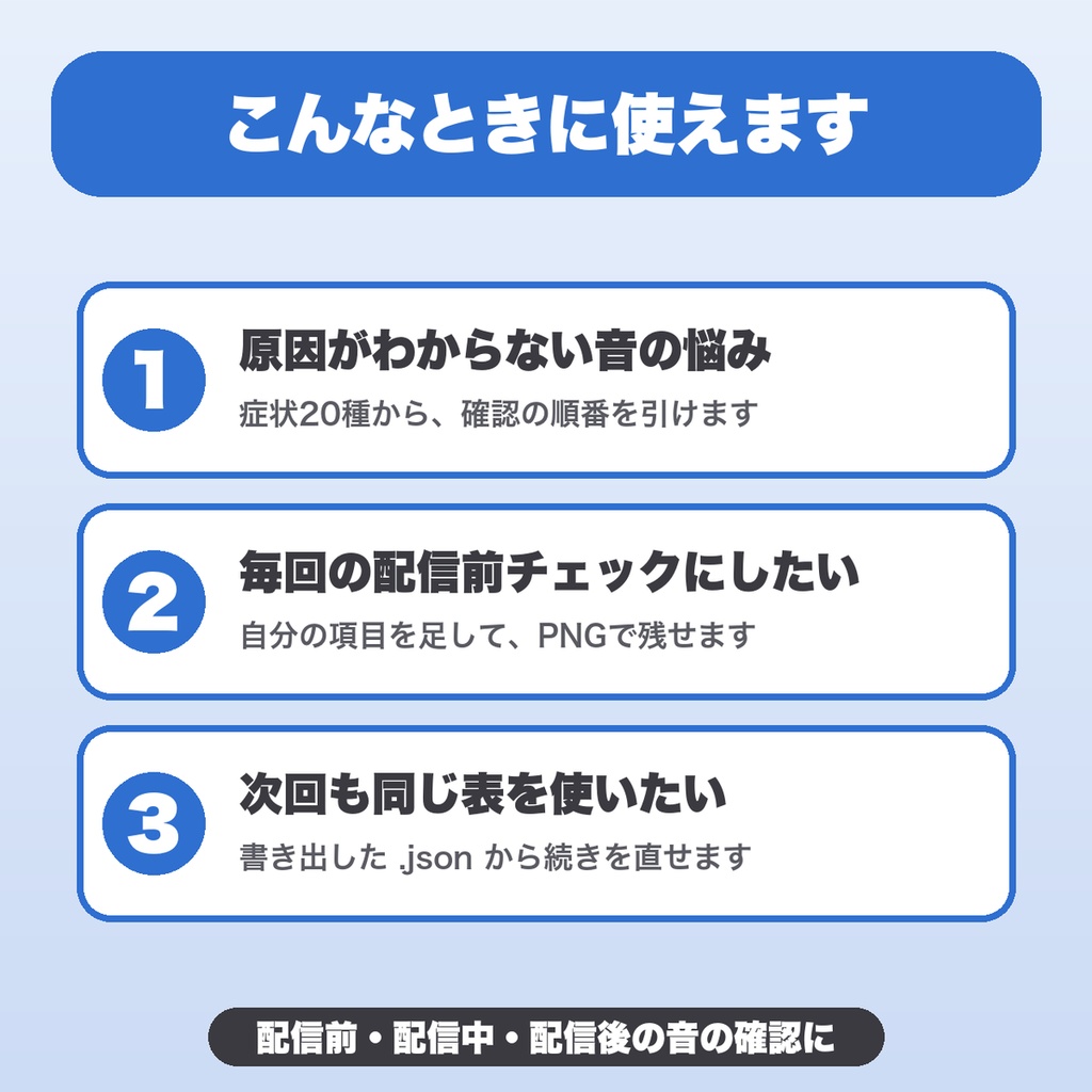 配信の音声トラブル予防シート|症状20種から確認の順番を引ける・自分用の項目・PNG保存(配信者向け)【無料版あり】