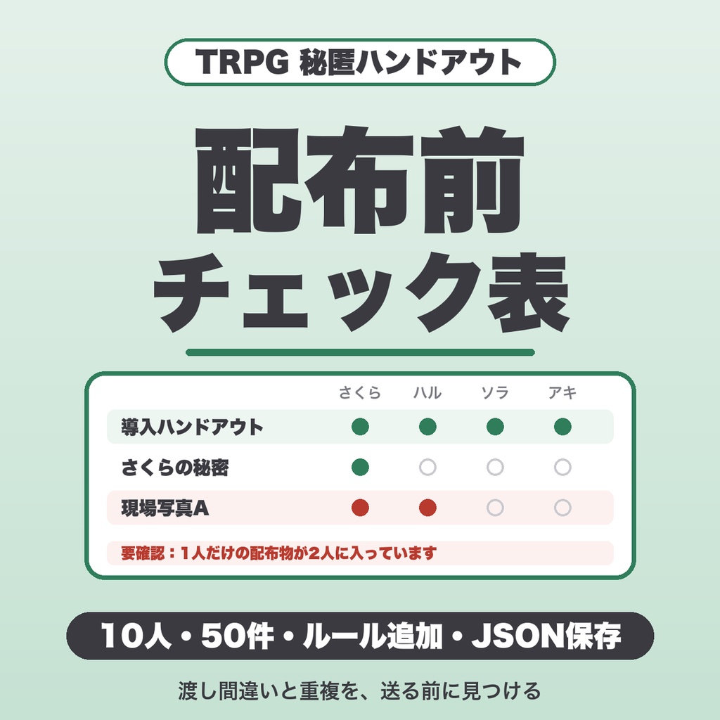 TRPG 秘匿ハンドアウト配布前チェック｜10人・50件・警告ルール追加・JSON保存、誰に何を送るかの管理（GM向け）【無料版あり】