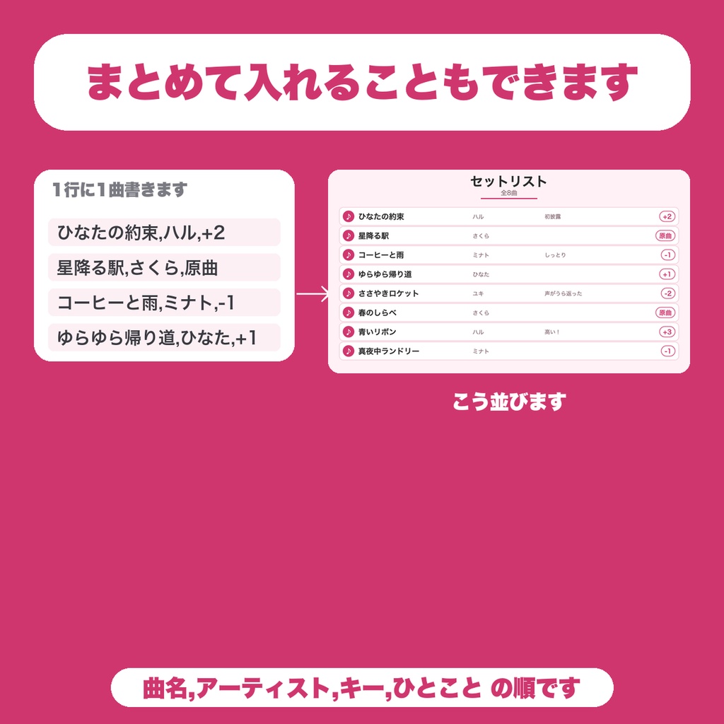【無料】歌枠セットリスト画像メーカー|歌った曲をPNG画像で保存(曲名・アーティスト・キー・ひとこと/歌い手・配信者向け)