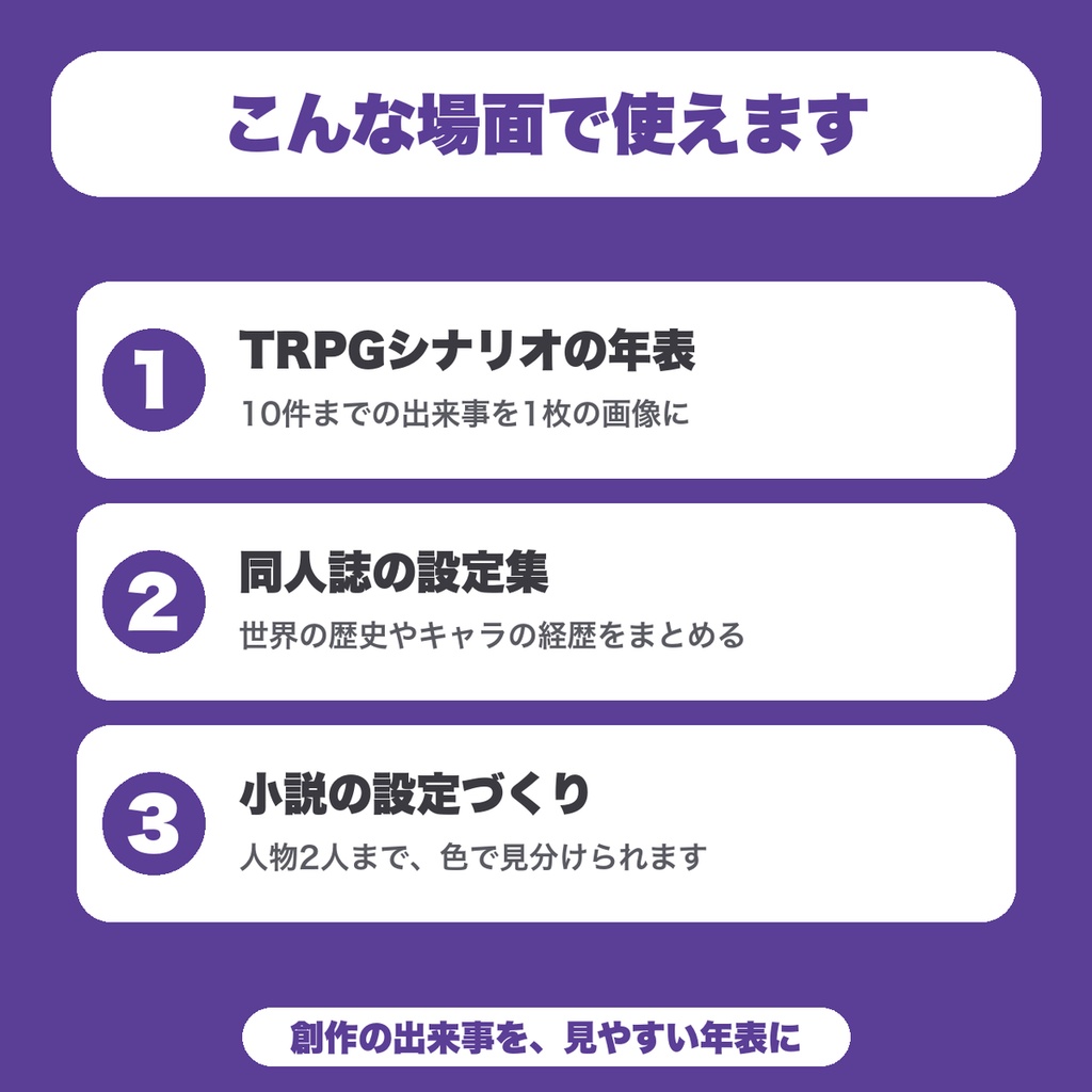 【無料】キャラ・世界観の年表メーカー|出来事を人物ごとに色分けした縦の年表画像に(PNG保存・TRPG・設定集向け)