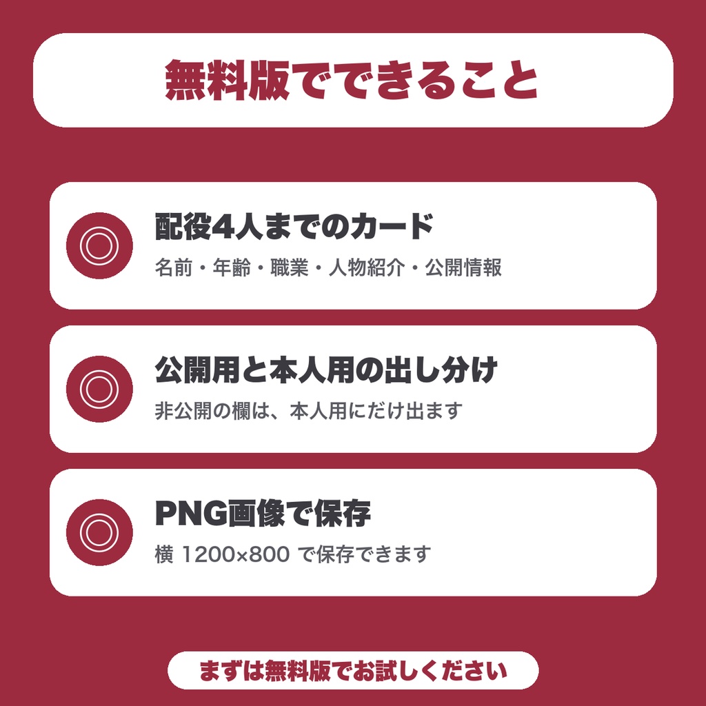 【無料】マダミス キャラクターカード・配役カード画像メーカー|公開用と本人用を出し分けてPNG保存(GM向け・4人まで)