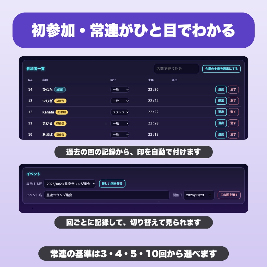 VRChatイベント受付・参加者名簿|主催者向け 初参加・常連の自動判定・区分・回ごとの比較・CSV保存【無料版あり】