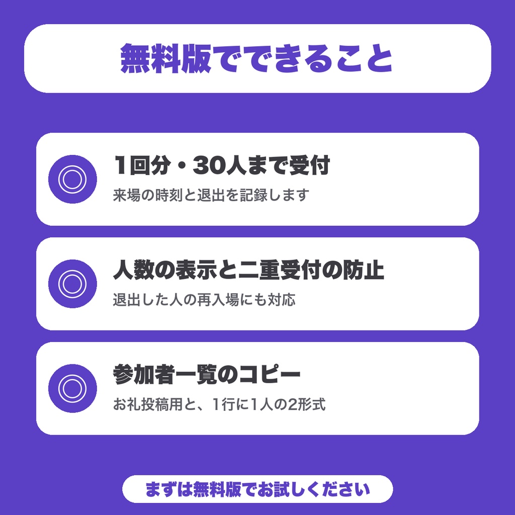 【無料】VRChatイベント受付・参加者名簿|主催者向け 来場時刻・退出・人数を記録してお礼投稿用にコピー(30人まで)