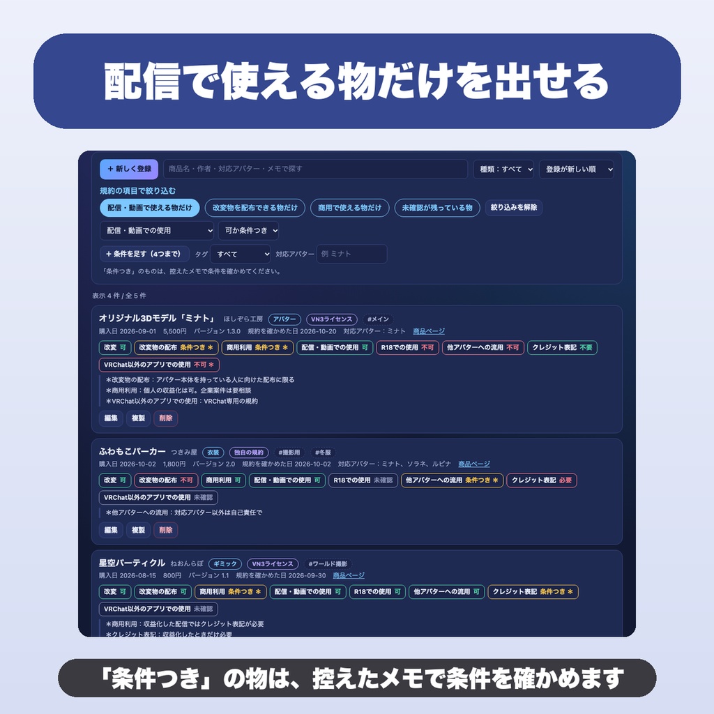 買ったアバター・衣装の利用規約メモ|VRChat向けライセンス管理 改変・配信・商用の可否を無制限に控える【無料版あり】