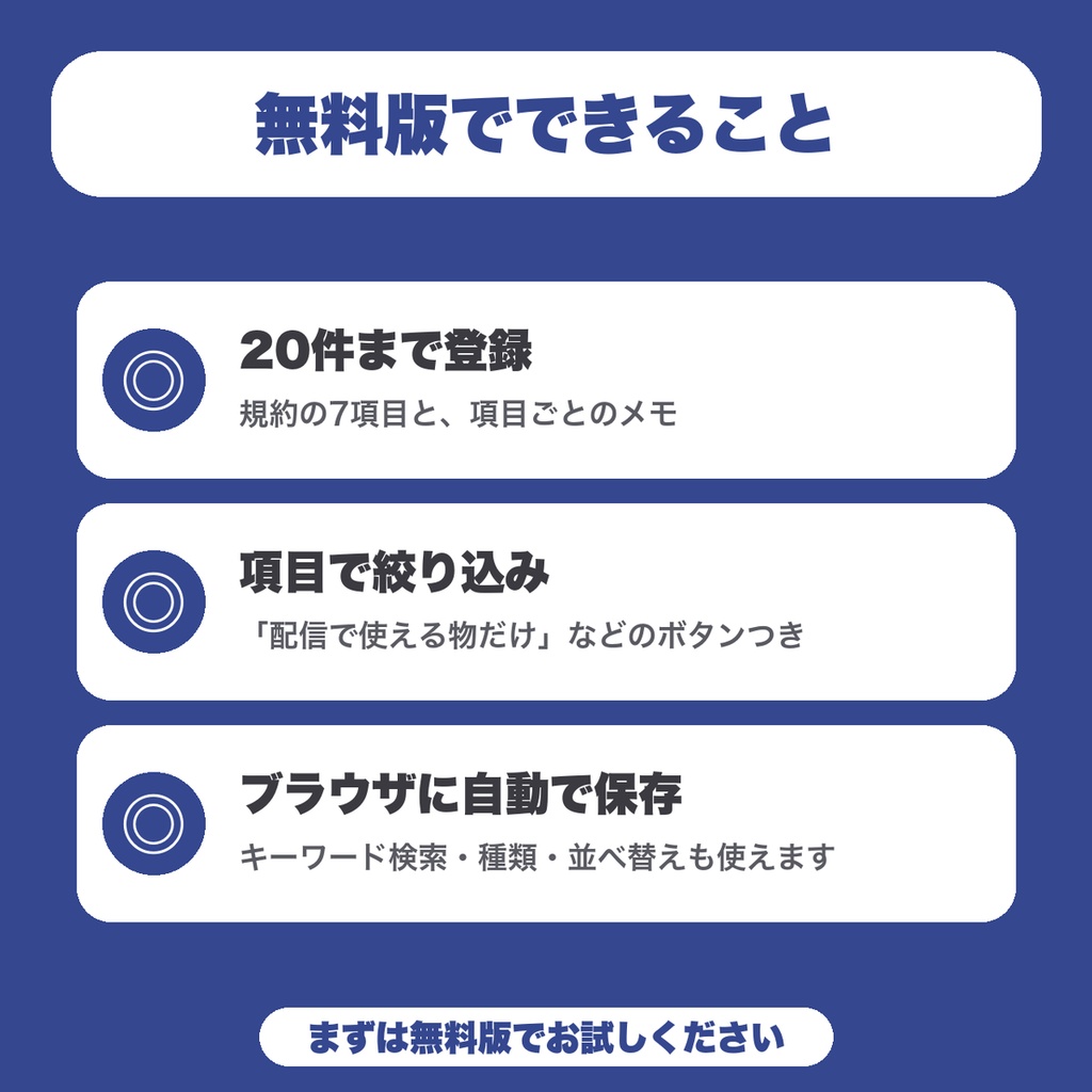 【無料】買ったアバター・衣装の利用規約メモ|VRChat向け 改変・配信・商用の可否を控えるライセンス管理(20件まで)
