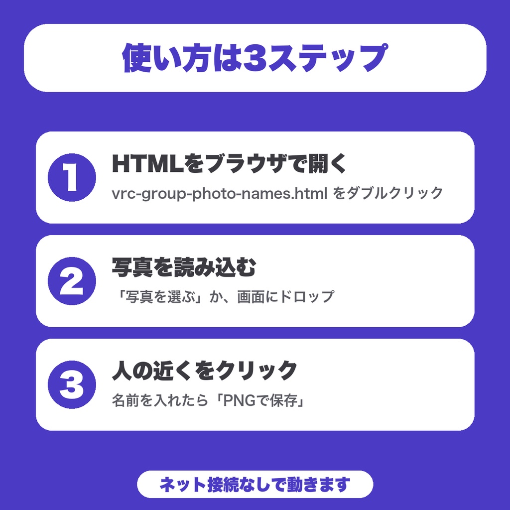 【無料】VRChat集合写真の名前入れ|写真の人をクリックして名前を入れ、PNGで保存(8人まで・イベント主催者向け)
