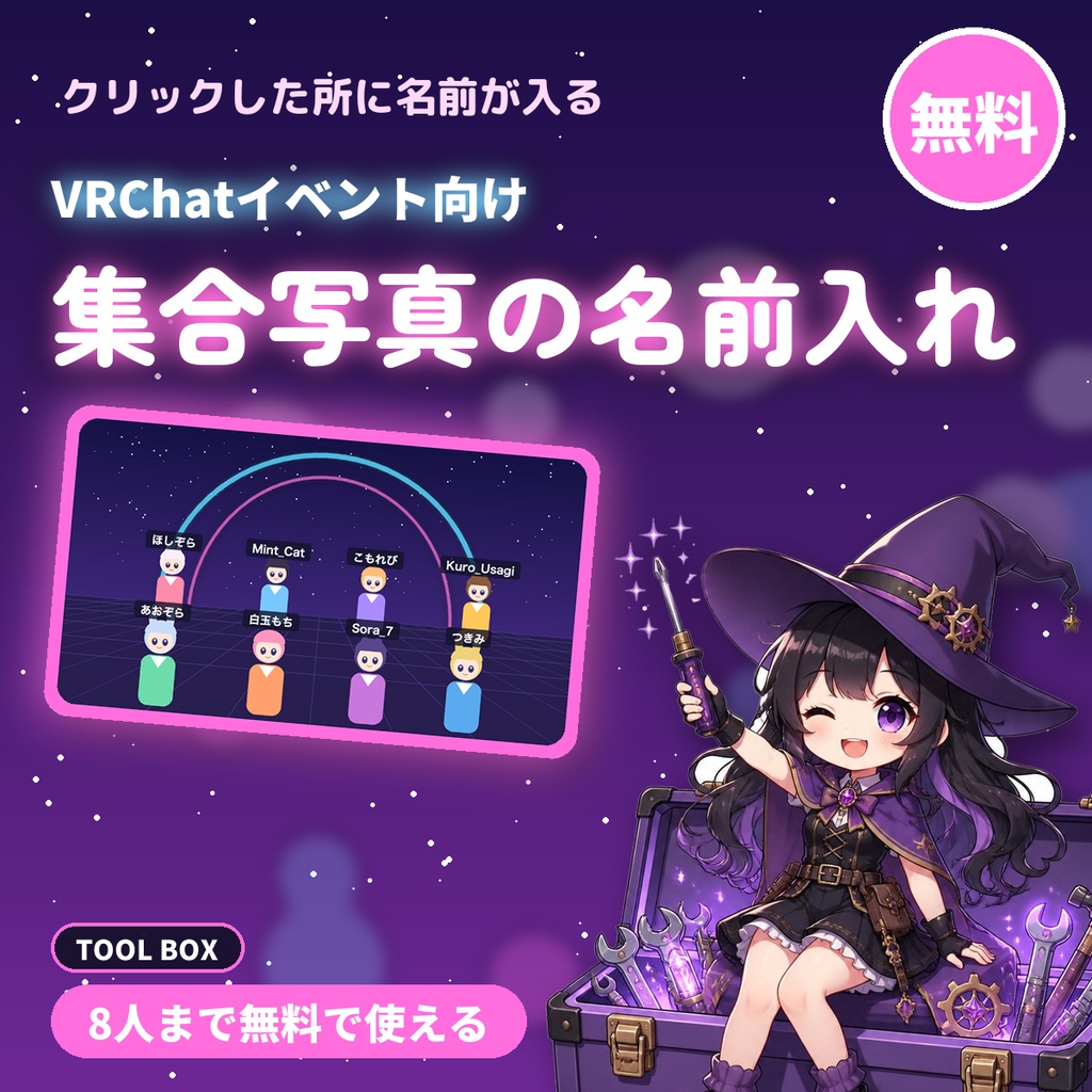 【無料】VRChat集合写真の名前入れ|写真の人をクリックして名前を入れ、PNGで保存(8人まで・イベント主催者向け)