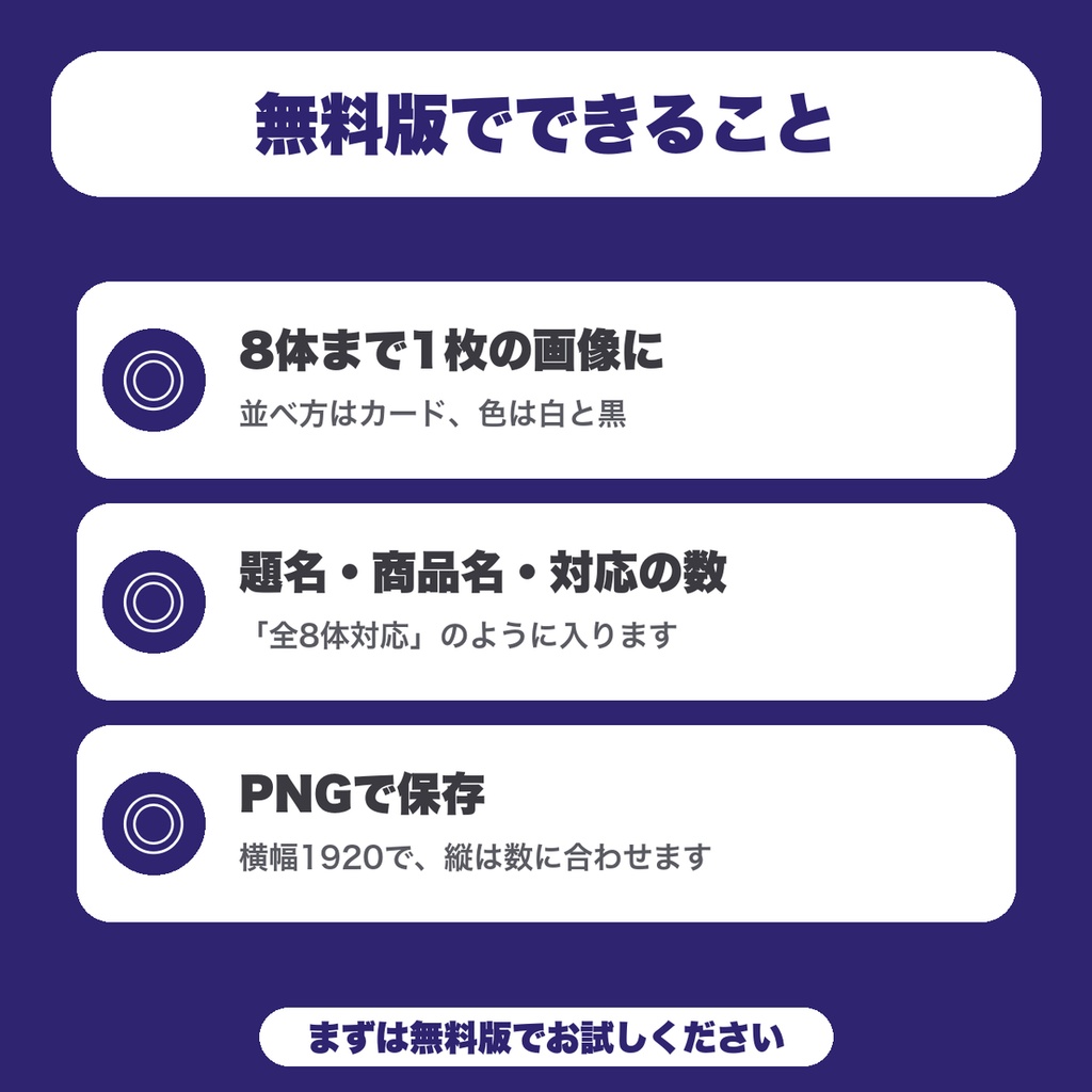 【無料】対応アバター一覧 画像メーカー|VRChat衣装の出品者向け、アイコンと名前を8体まで並べて商品ページ用のPNGに