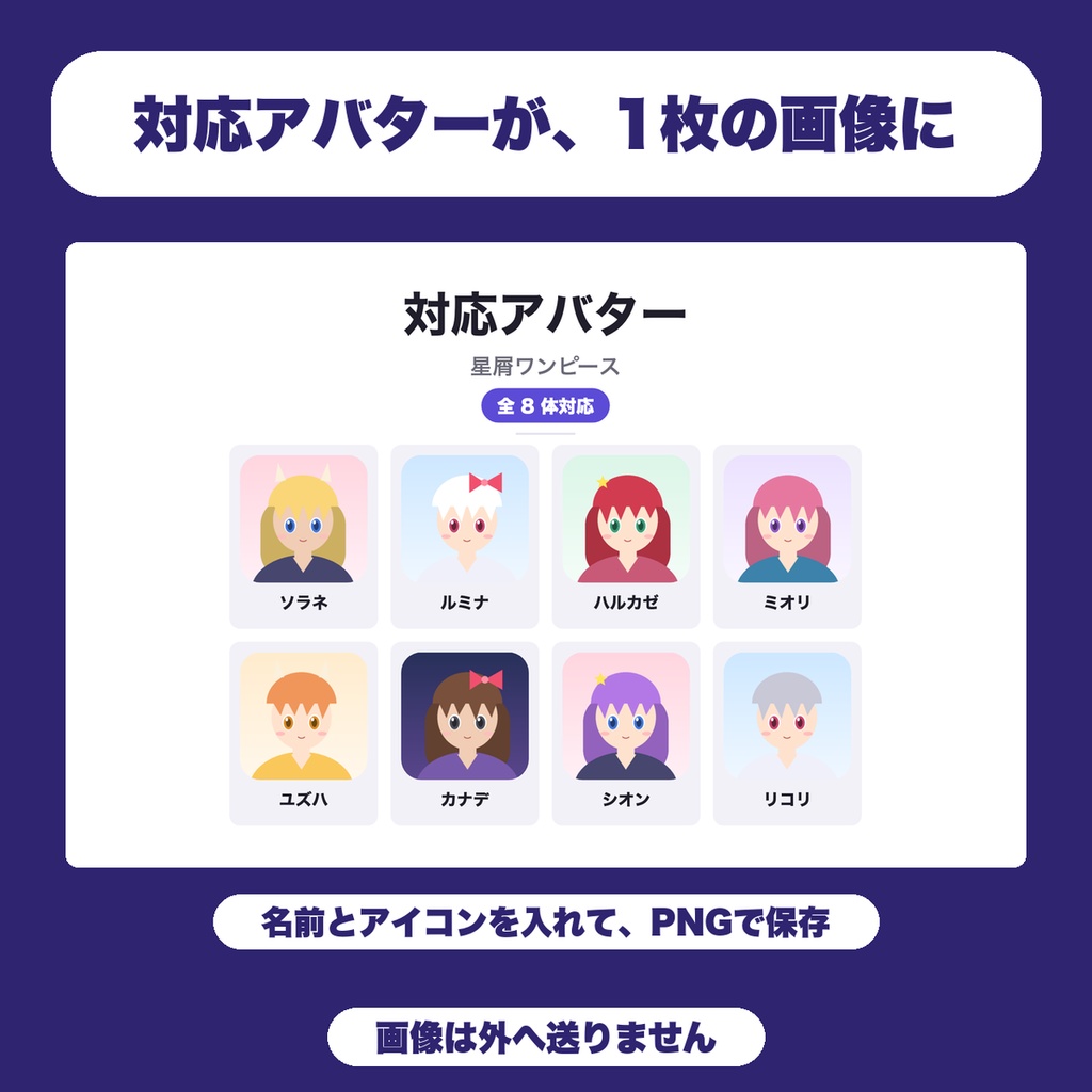【無料】対応アバター一覧 画像メーカー|VRChat衣装の出品者向け、アイコンと名前を8体まで並べて商品ページ用のPNGに
