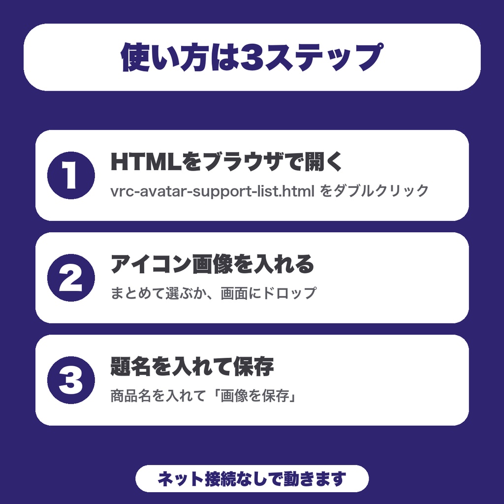【無料】対応アバター一覧 画像メーカー|VRChat衣装の出品者向け、アイコンと名前を8体まで並べて商品ページ用のPNGに