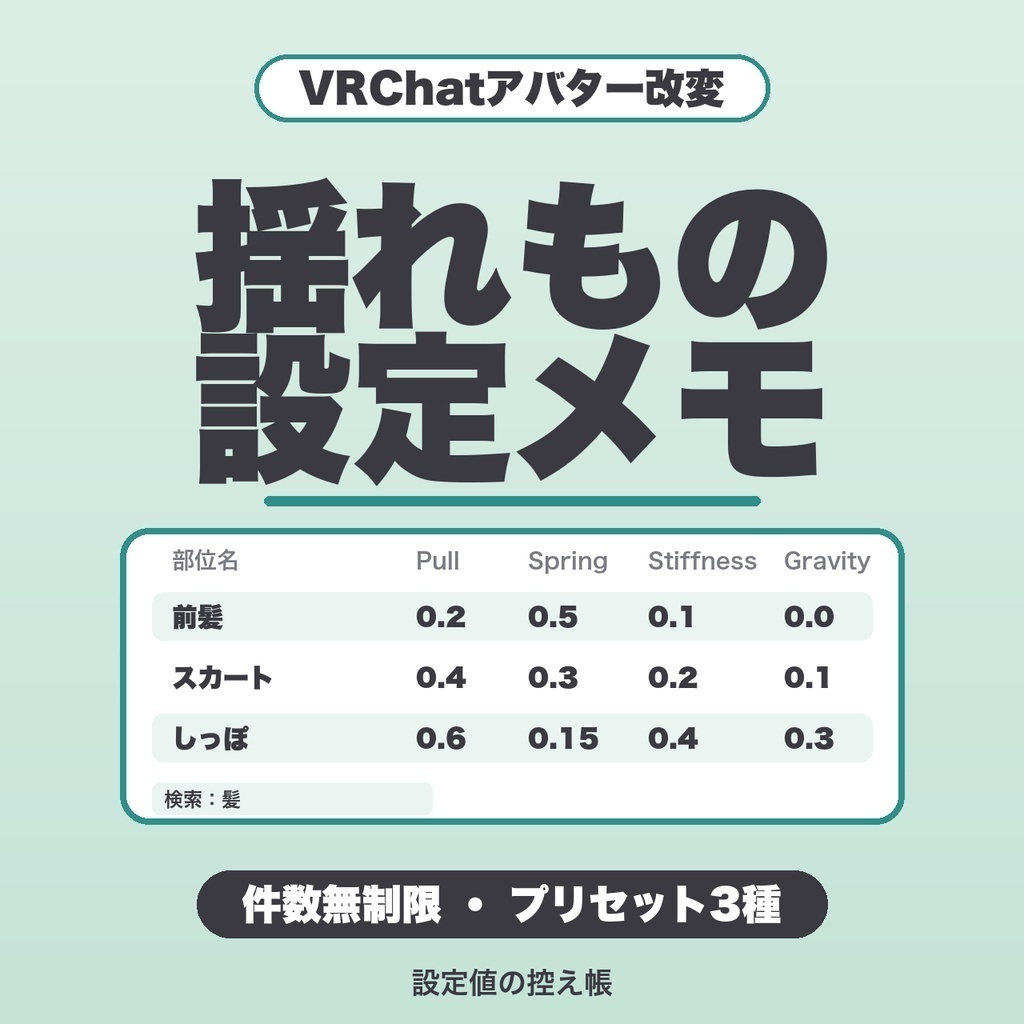 VRChat設定メモ2種セット|揺れもの設定メモ・シェーダー設定早見 件数無制限・見比べ・アバターごとに保存【460円お得】