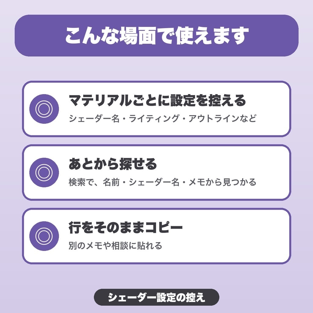VRChat設定メモ2種セット|揺れもの設定メモ・シェーダー設定早見 件数無制限・見比べ・アバターごとに保存【460円お得】