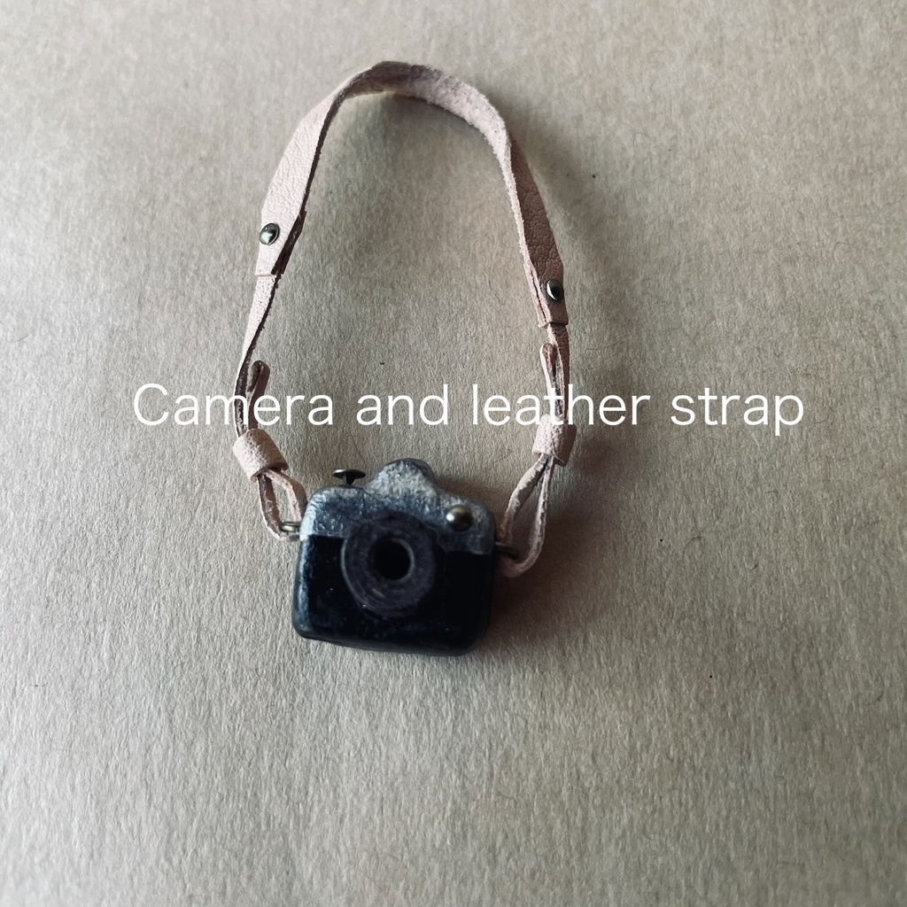 革のカメラストラップとカメラ（黒×シルバー）