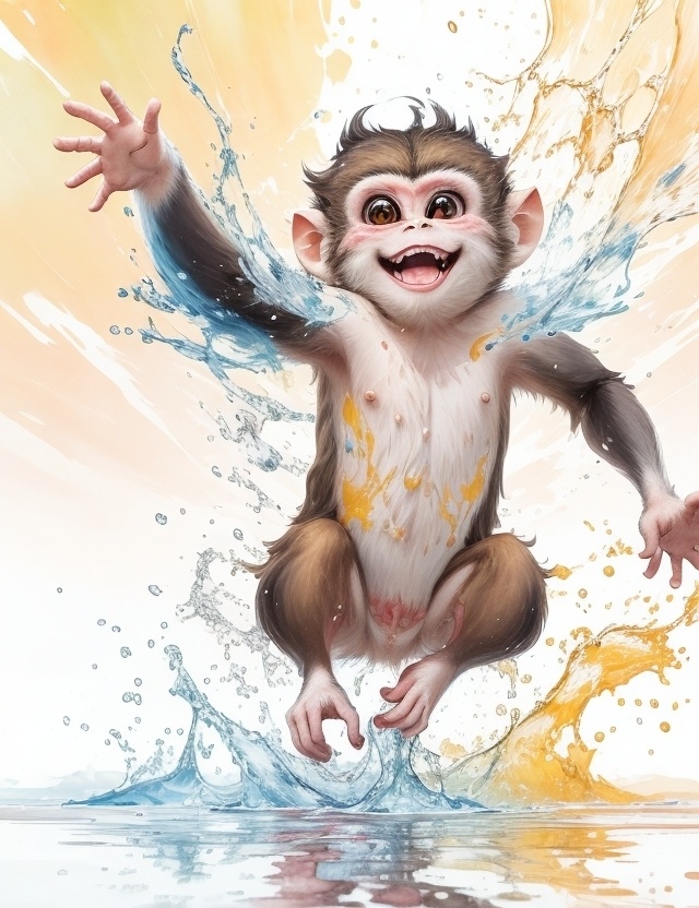 水しぶきで遊ぶさる