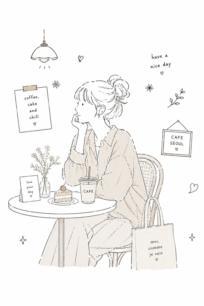 カフェでリラックスする女性（左向き）