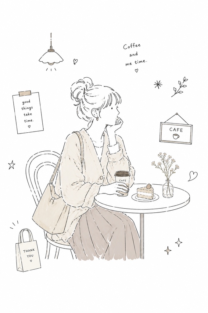 カフェでリラックスする女性(右向き)