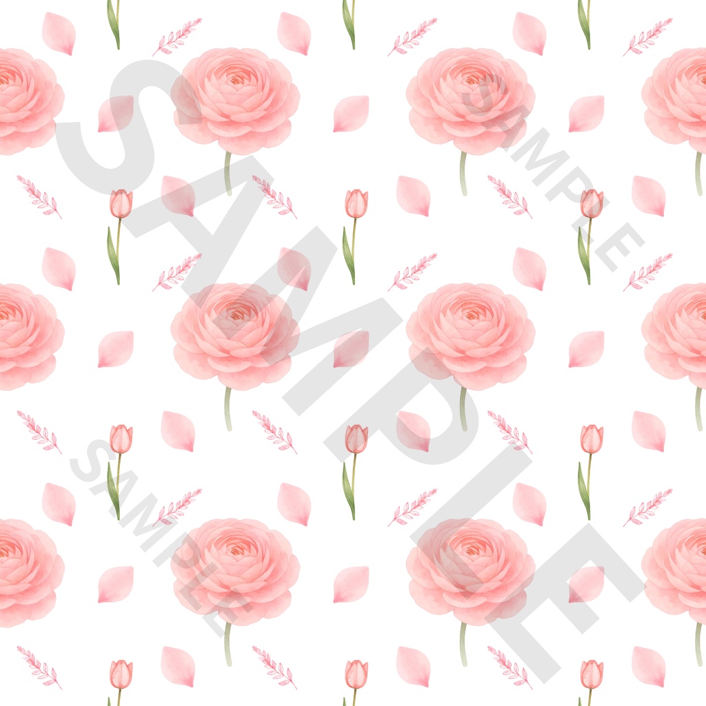 ピンクフラワー シームレスパターン素材 2点セット (カラー背景・白背景)