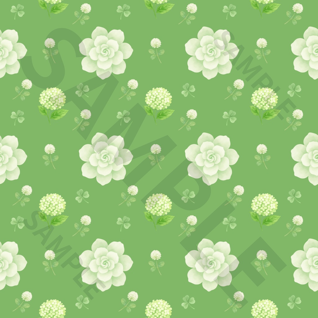 グリーンフラワー シームレスパターン素材 2点セット (カラー背景・白背景)