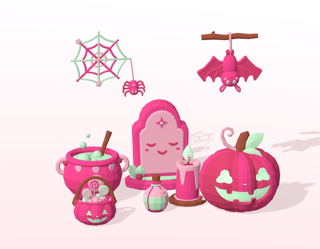 パステルハロウィン|ピンク×ミントの3D飾り8点セット【非商用限定】