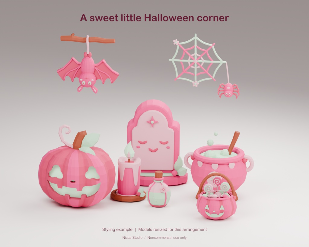 パステルハロウィン|ピンク×ミントの3D飾り8点セット【非商用限定】