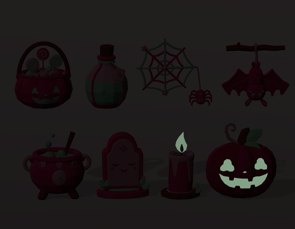 パステルハロウィン|ピンク×ミントの3D飾り8点セット【非商用限定】