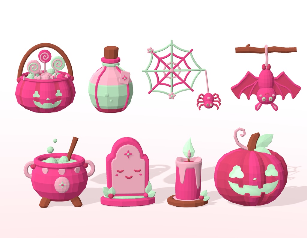 パステルハロウィン|ピンク×ミントの3D飾り8点セット【非商用限定】