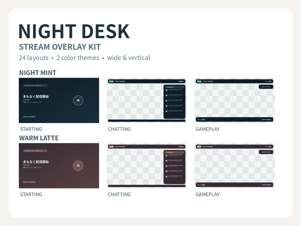 NIGHT DESK｜配信待機・雑談・ゲーム用オーバーレイ24種｜横・縦／2色／日英｜PNG+SVG