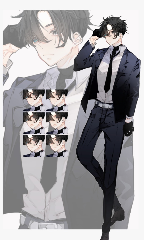 【TRPG有料立ち絵_全身+差分3種】黒髪スーツ男性【眼鏡差分有】