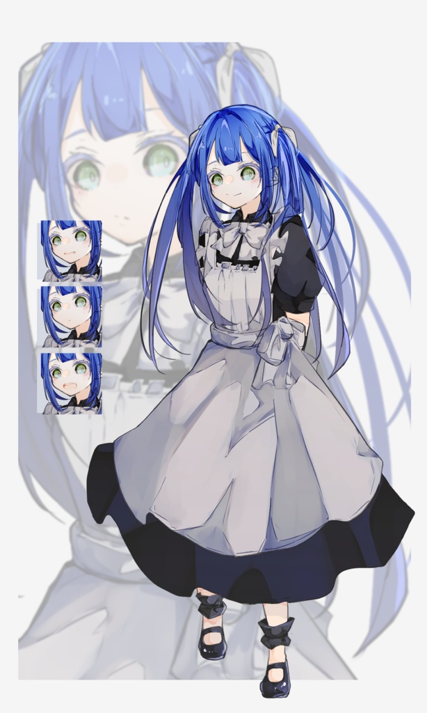 【TRPG有料立ち絵_全身_差分3種類】メイド風女の子_青髪ツインテ
