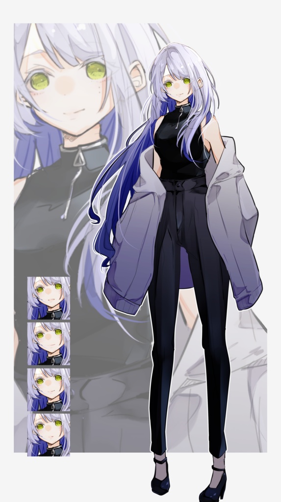【TRPG有料立ち絵_全身+差分4種】白(灰)髪女性_青グラデ