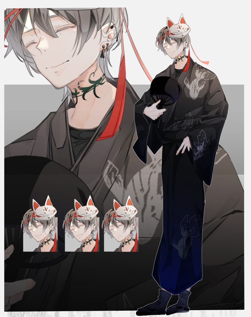 【TRPG有料立ち絵_全身+差分3種】狐面浴衣男性