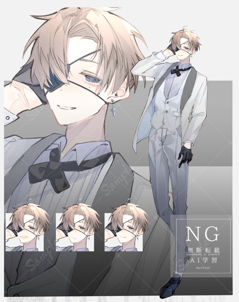 【TRPG有料立ち絵_全身+差分3種】茶髪男性_タキシード_眼帯