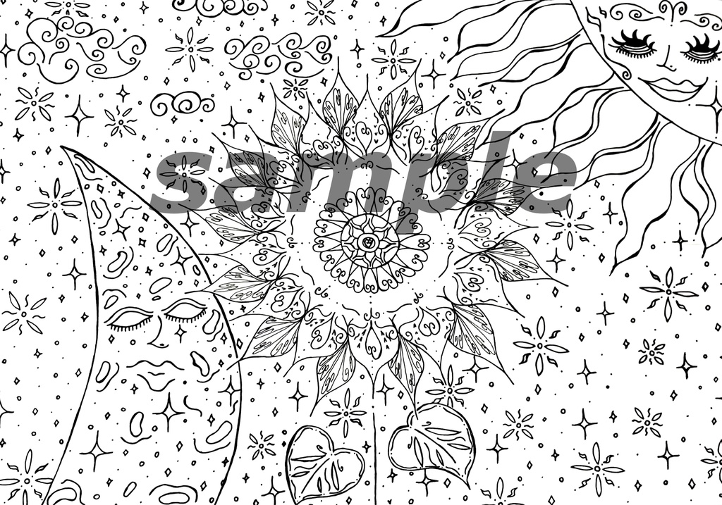 大人の為の塗り絵①太陽と月と向日葵