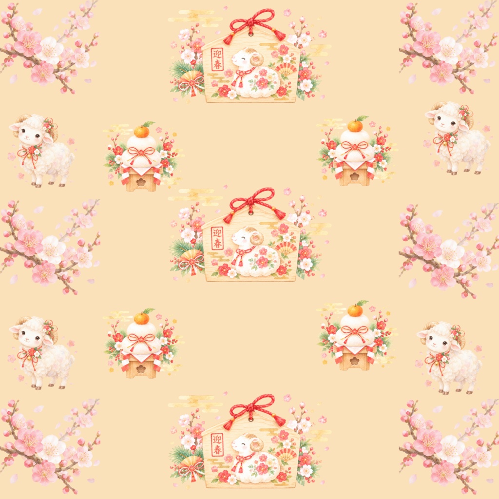 【商用利用可】水彩風 正月シームレスパターンイラスト2点パック (アイボリー＆パープル)