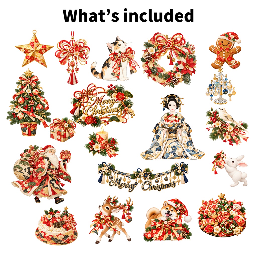 和風クリスマス デジタルステッカー 40枚セット|Japanese Christmas PNG Digital Stickers