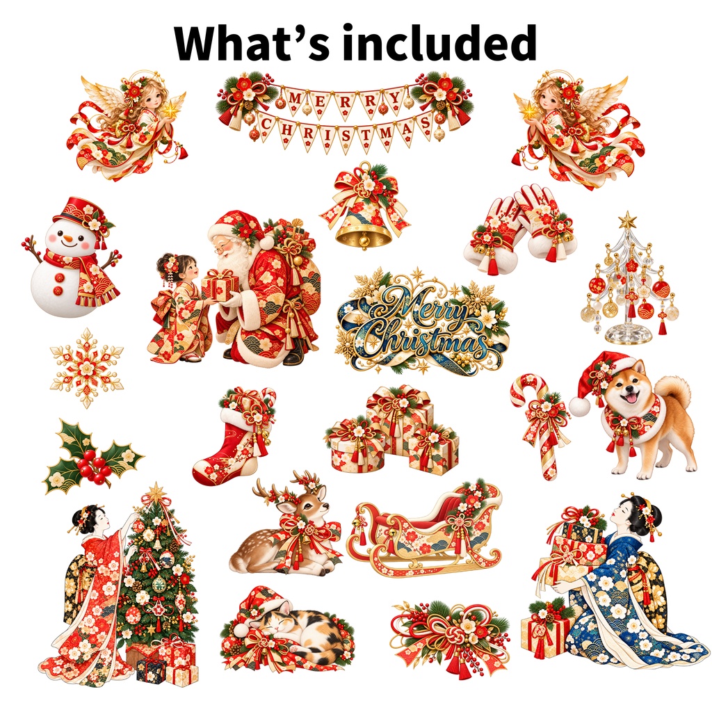和風クリスマス デジタルステッカー 40枚セット|Japanese Christmas PNG Digital Stickers