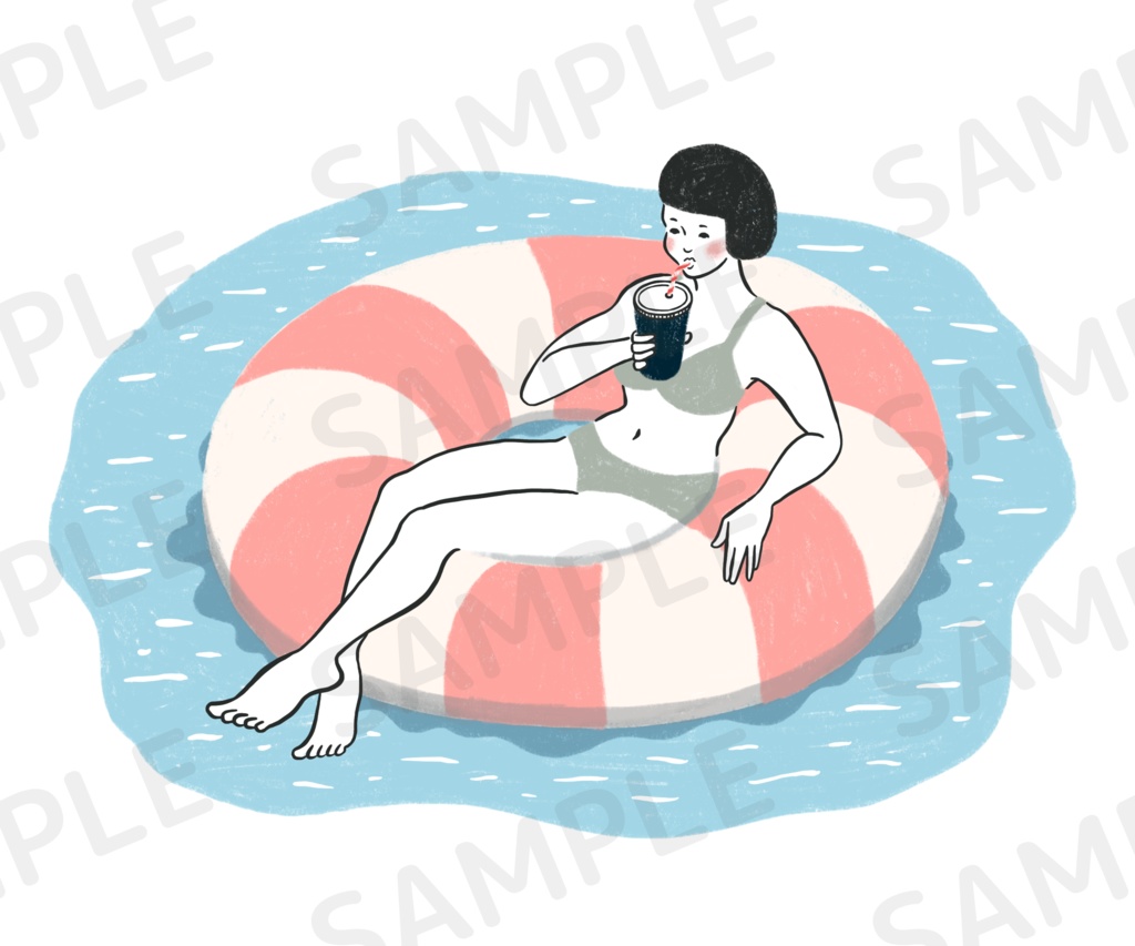 カラーイラスト 浮き輪でプールに浮かぶ水着女子 Sudachi Market Booth