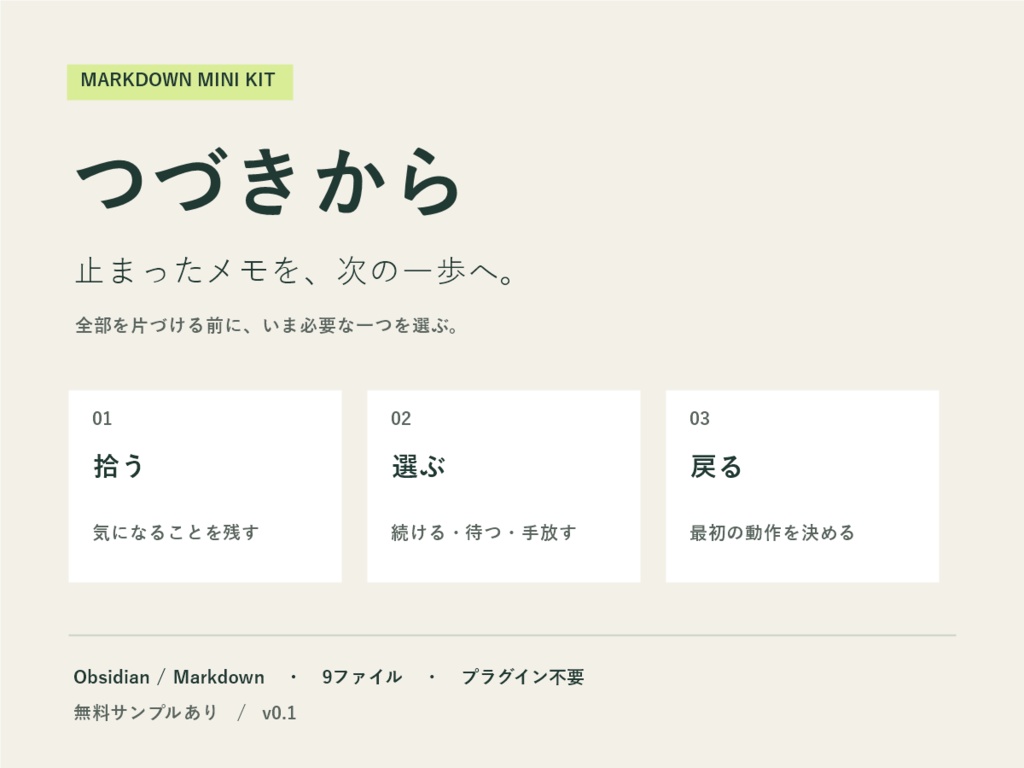 つづきから｜止まったメモを再開するミニキット【Obsidian・Markdown／プラグイン不要】