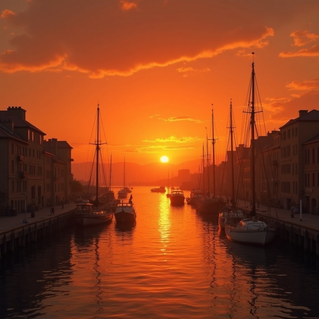 夕暮れ時の港町