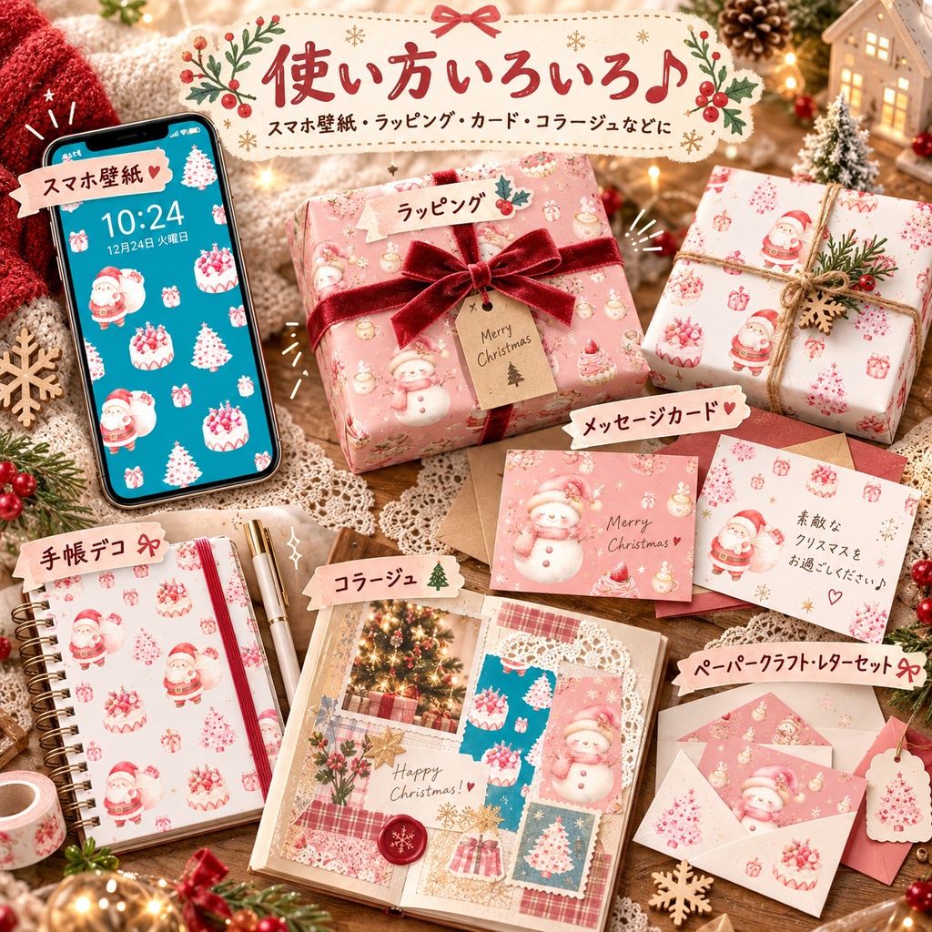 クリスマスのかわいいデジタルペーパー 5枚セット|サンタ・雪だるま・壁紙・ラッピング・コラージュ素材