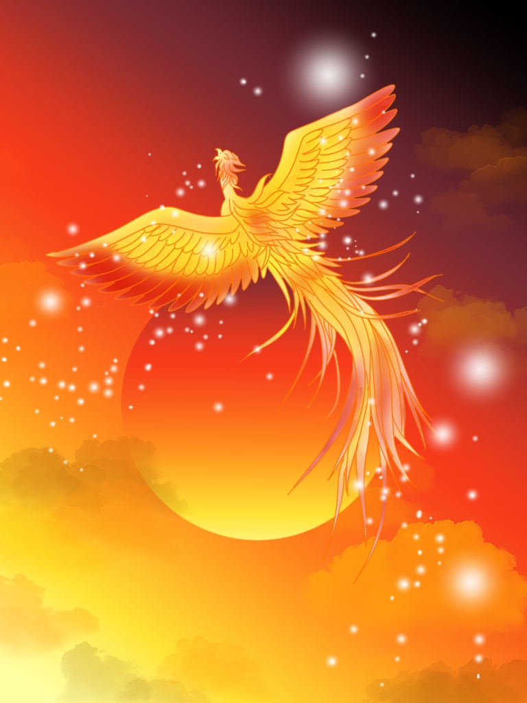 鳳凰の祈り ー 夜明けの空に舞う光｜スマホ壁紙