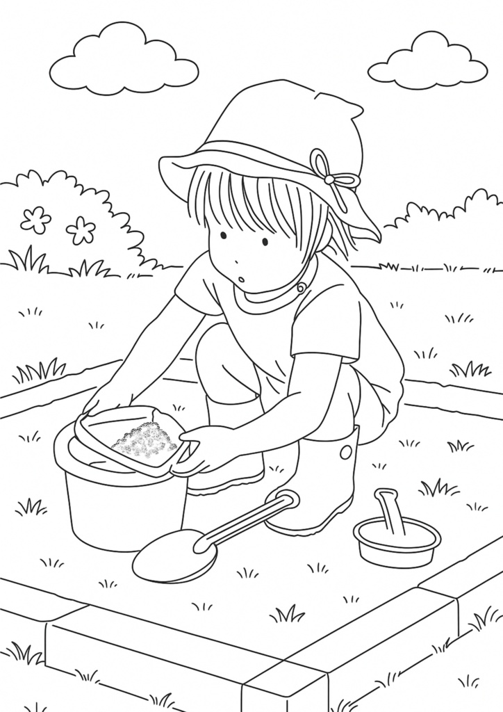 大人の塗り絵「お砂場あそび」A4印刷用／300dpi