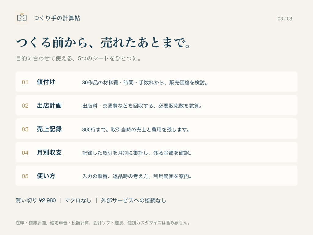 ハンドメイドの値付け・出店・売上キット|つくり手の計算帖