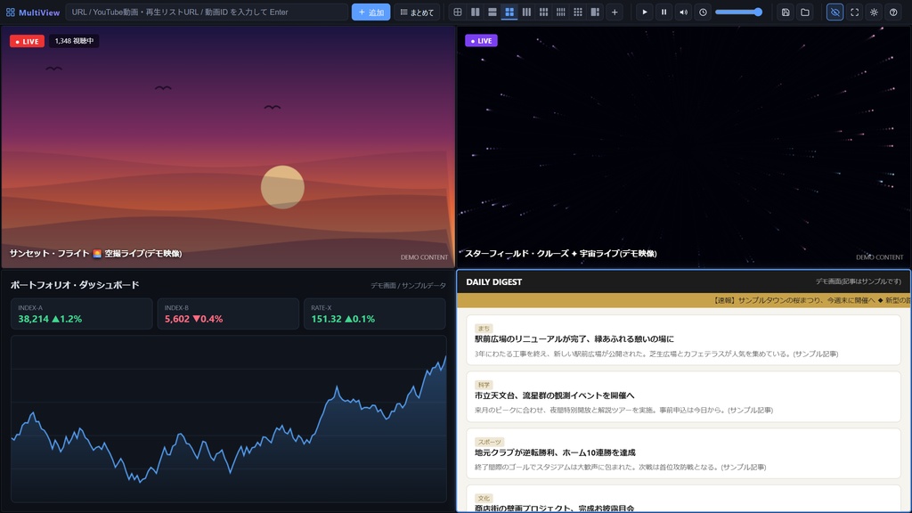 【商用、支援版】MultiView — 複数サイト・動画を1画面で同時視聴できるマルチビューア
