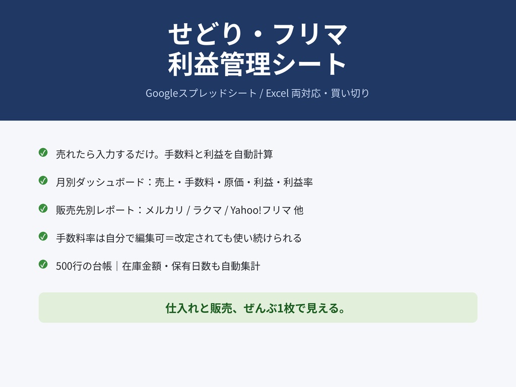 せどり・フリマ 利益管理シート PRO｜手数料自動計算・月別ダッシュボード付き（スプレッドシート/Excel両対応）