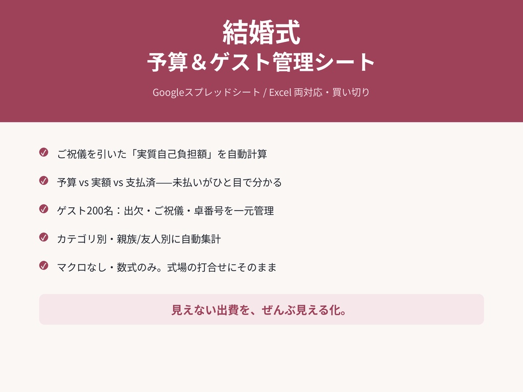結婚式 予算＆ゲスト管理シート PRO｜ご祝儀を引いた”実質自己負担額”を自動計算（スプレッドシート/Excel両対応）