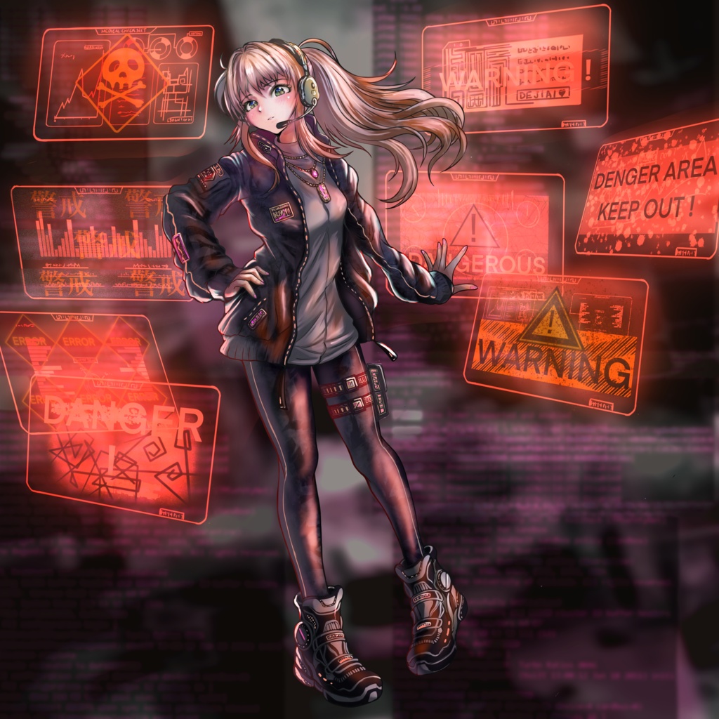 【立ち絵素材】サイバー系女性キャラクター|表情8種+背景付き