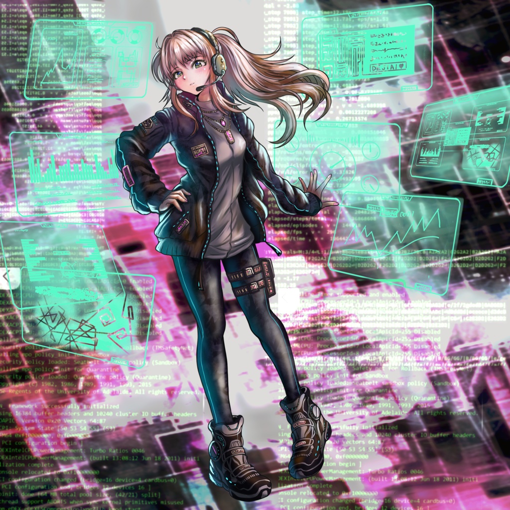 【立ち絵素材】サイバー系女性キャラクター｜表情8種＋背景付き