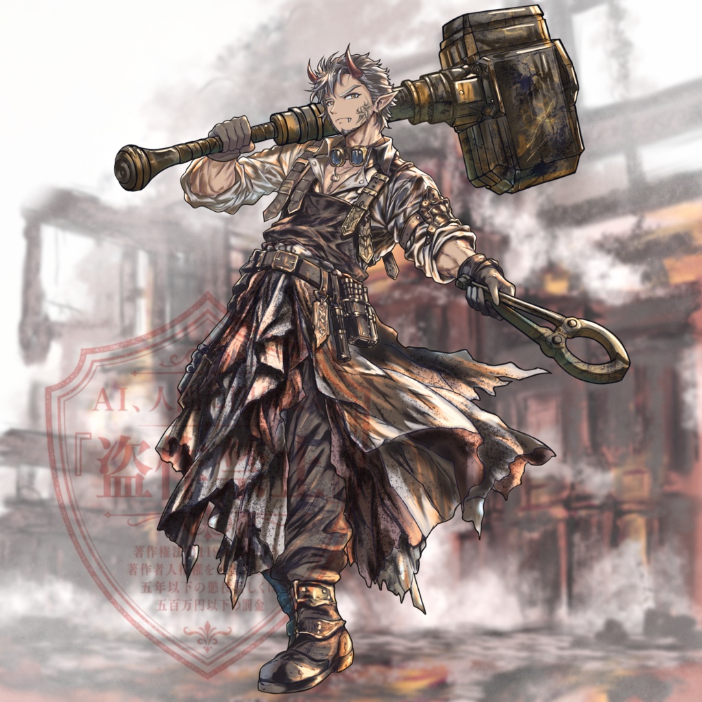 【立ち絵素材】鬼族の鍛冶職人｜大槌・表情差分8種｜Oni Blacksmith